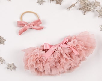 Baby Girl Tutu Bloomer & Velvet Headband Set in Mauve - Newborn Photo - Infant Bloomers - Diaper Cover - Baby Gift - Nylon Headband - Girl