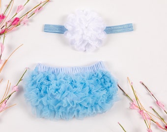 Baby Girl Ruffle Bottom Bloomer & Headband Set in Light Blue and White - Newborn Photo Set - Infant Bloomers - Diaper Cover - Baby Gift