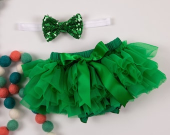 Baby Mädchen Rüschen Bottom Tutu Bloomer & Pailletten Schleife Stirnband Set in Smaragdgrün - Neugeborenen Foto Set - Cake Smash - Windel Cover - Baby Geschenk