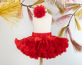 Pettiskirt with Red Flower Headband in gold or silver - Red Skirt - Flower Girl - First Birthday Outfit - Newborn Photos - infant tutu