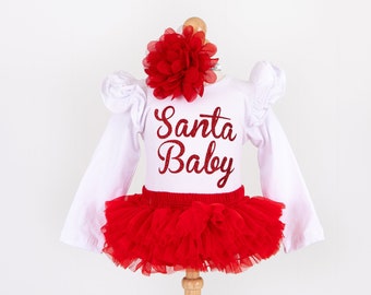 Santa Baby Outfit Set - Infant Bodysuit in White - Baby Bloomer and Headband in Red and Green - Baby Girl - Photos - Baby's First Christmas