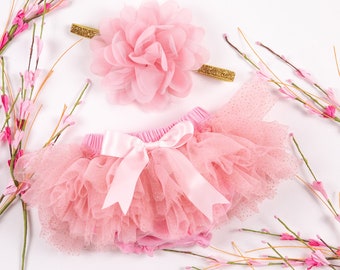 Baby Girl Ruffle Bottom Tutu Bloomer & Headband Set in Pink Gold Glitter - Newborn - Diaper Cover - Baby Gift - 1st Birthday - Cake Smash