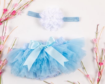 Baby Girl Ruffle Bottom Tutu Bloomer & Headband Set in Light Blue - Newborn Photo Set - Cake Smash - Diaper Cover Baby Gift - First Birthday