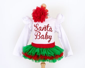 Santa Baby Outfit Set - Infant Bodysuit in White - Baby Bloomer and Headband in Red and Green - Baby Girl - Photos - Baby's First Christmas