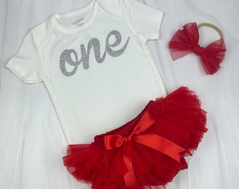 First Birthday Silver Glitter "one" Bodysuit, Tutu Bloomer & Bow Headband Set in Red - 1st Birthday Outfit - Cake Smash - Baby Girl - Gift