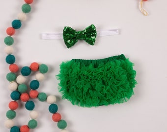 Baby Girl Ruffle Bottom Bloomer & Headband Set in Emerald Green - Newborn Photo - Infant Bloomers - Diaper Cover - Baby Gift - St Patrick's