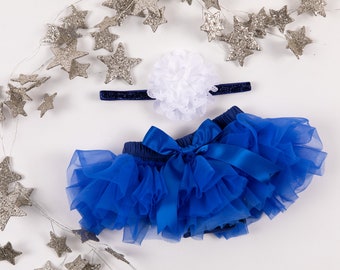 Baby Girl Ruffle Bottom Tutu Bloomer & Headband Set in Royal Blue - Newborn Photo Set - Cake Smash - Diaper Cover Baby Gift - First Birthday