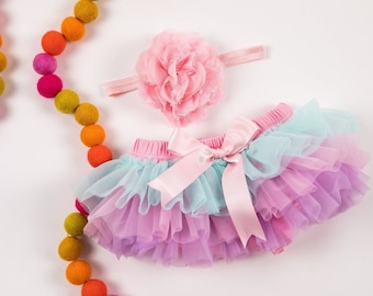 Conjunto de diadema y tutú con volantes en la parte inferior para niña en arcoíris pastel. Conjunto de fotos para recién nacidas. Regalo para bebé. Cubrepañal. Regalo de cumpleaños.