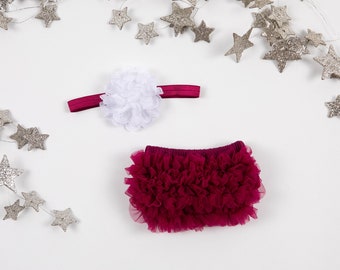 Baby Girl Ruffle Bottom Bloomer & Headband Set in Maroon / Burgundy - Newborn Photo Set - Infant Bloomers - Diaper Cover - Baby Gift