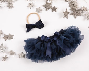 Baby Girl Tutu Bottom Bloomer & Nylon Hand Tied Bow Headband Set in Navy - Newborn Photo Prop - Infant Bloomers - Diaper Cover - Baby Girl