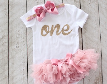 First Birthday Gold Glitter "one" Bodysuit, Tutu Bloomer & Bow Headband Set in Mauve - 1st Birthday Outfit - Cake Smash - Baby Girl - Gift