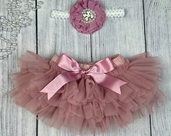 Baby Girl Ruffle Bottom Tutu Bloomer Headband Set in Mauve & Ivory - Newborn Photo Set - Cake Smash - Diaper Cover - Baby Gift - Birthday