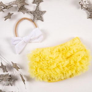 Baby Girl Ruffle Bottom Bloomer & Nylon Velvet Bow Headband Set in Yellow - Newborn Photo Prop - Infant Bloomers - Diaper Cover - Baby Girl