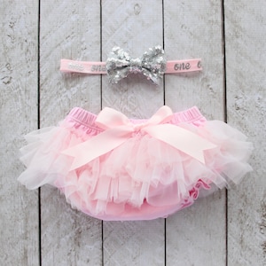 Baby Girl Ruffle Bottom Tutu Bloomer & Headband Set in Light Pink and Silver - Birthday Outfit - Cake Smash - One - 1st Birthday - Gift