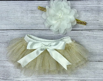 Baby Girl Ruffle Bottom Tutu Bloomer & Headband Set in Off White Glitter- Newborn Photo Set - Cake Smash-Diaper Cover-Baby Gift-1st Birthday