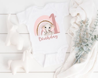 1歳の誕生日ボディスーツ - 虹の象 - スマッシュケーキ衣装 - 写真撮影 - 1歳の誕生日 - スナップボトム付きホワイトボディスーツ - 女の子の誕生日