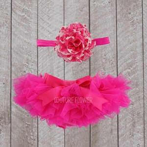 Baby Girl Ruffle Bottom Tutu Bloomer & Headband Set in Hot Pink Heart - Newborn Photo - Cake Smash - Diaper Cover - Baby Gift - 1st Birthday