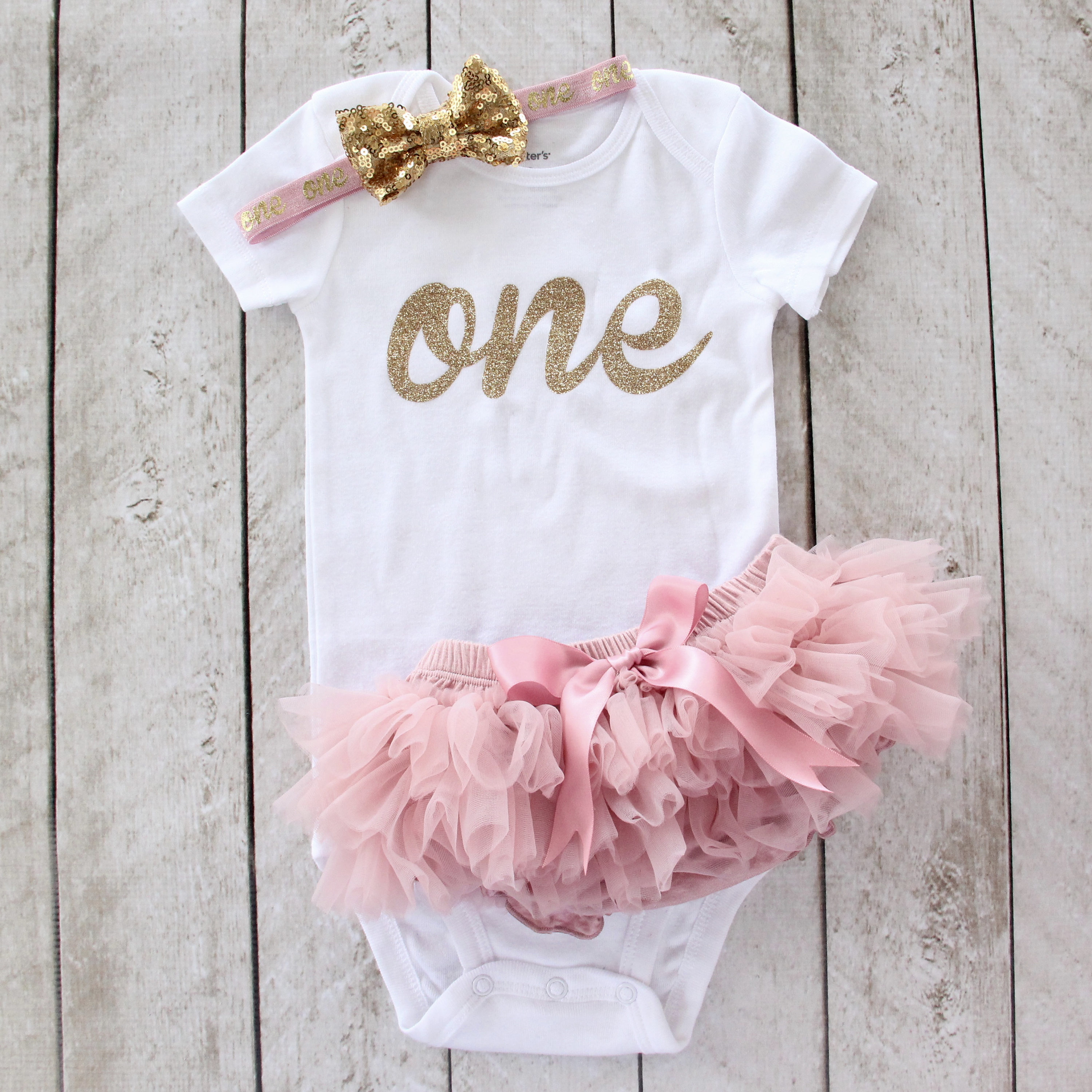 Girls 1st Birthday Outfit Bodysuit Gold Glitter HeadBand Photoshoot Cakesmash