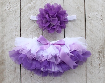 Baby Mädchen Rüschen Tutu Bloomer & Stirnband Set in Lila / Lavendel Ombre - Neugeborene - Cake Smash - Windelhülle - Geschenk - 1