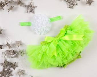 Baby Girl Ruffle Bottom Tutu Bloomer & Headband Set in Lime Green - Newborn Photo Set - Cake Smash - Diaper Cover - Baby Gift - 1st Birthday