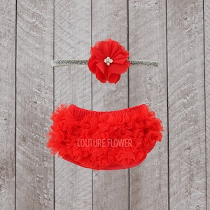 Baby Girl Ruffle Bottom Bloomer & Headband Set in Red and Silver - Newborn Photo - Infant Bloomers - Diaper Cover - Baby Gift - Cake Smash