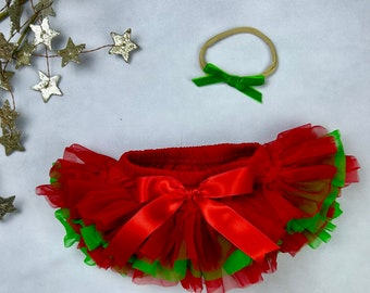 Christmas Baby Girl Ruffle Tutu Bloomer & Headband Set in Red and Green - Newborn Photo - Cake Smash - Diaper Cover - Baby Gift - Birthday