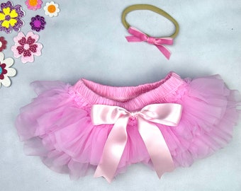 Baby Girl Tutu Bottom Bloomer & Nylon Hand Tied Velvet Bow Headband Set in Pink - Newborn Photo - Bloomers - Diaper Cover - Baby Girl