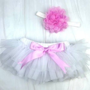 Baby Girl Ruffle Bottom Tutu Bloomer & Headband Set in white  and Pink-Newborn Photo Set- Cake Smash-Diaper Cover-Baby Gift-1st Birthday