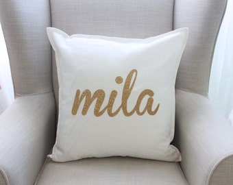 Personalized Gold Glitter Pillow Cover in White - Nursery Bedding - Baby Gift - Baby Girl - Play Room - Nursery Decor - by Couture Flower