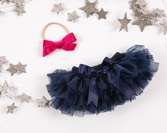 Baby Girl Tutu Bottom Bloomer & Nylon Hand Tied Velvet Bow Headband Set in Navy and Hot Pink - Newborn Photo Set - Diaper Cover - Baby Girl