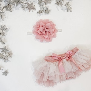 Baby Girl Ruffle Bottom Tutu Bloomer & Headband Set in Mauve, Light Pink, off White Ombre - Newborn Photo - Cake Smash - Diaper Cover - Baby