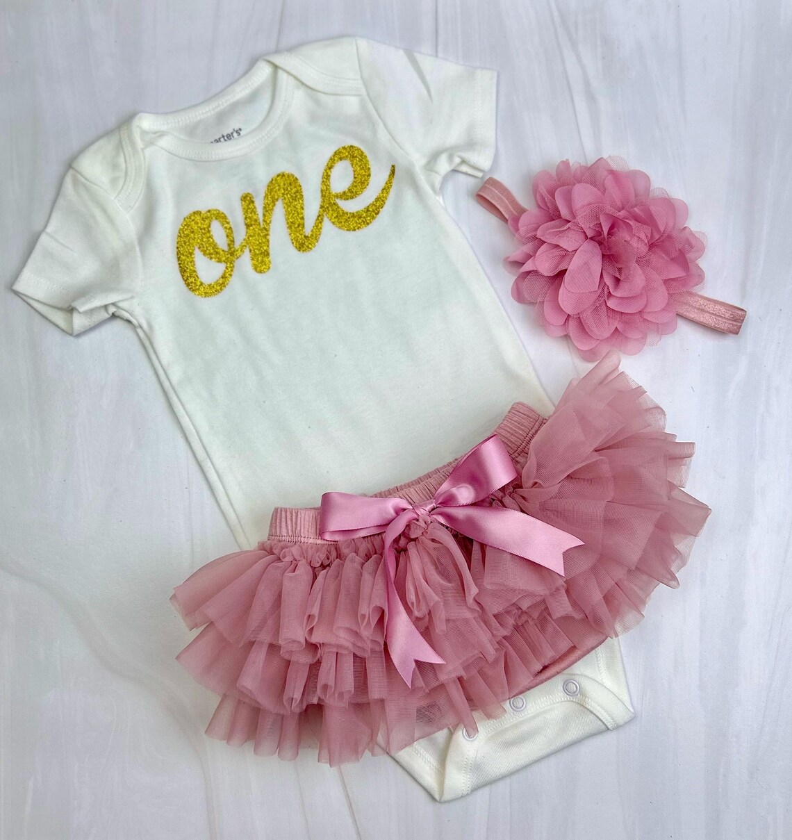 Personalized 1st Birthday Bodysuit - Light Pink and Gold/Silver glitter