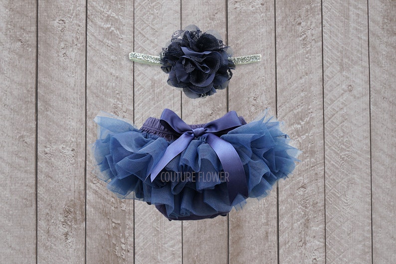 Baby Gift Cake Smash Birthday Baby Girl Ruffle Bottom Tutu Bloomer Headband Set in Navy Blue /& Silver Newborn Photo Diaper Cover