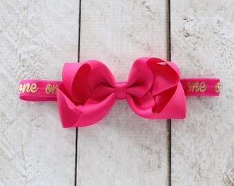 First Birthday "One" Removable Bow Headband in Hot Pink and Gold - 1st Birthday - Cake Smash - Baby Girl - Birthday Gift - Hot Pink Headband