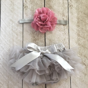 Baby Girl Ruffle Bottom Tutu Bloomer & Headband Set in Gray and Mauve - Newborn Photo Set - Cake Smash - Diaper Cover - Baby Gift - Tutu