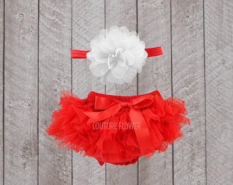 Baby Girl Ruffle Tutu Bloomer & Headband Set in Red and White - Newborn Photo - Cake Smash - Diaper Cover - Baby Gift - First Birthday - One