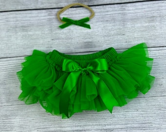 Baby Girl Ruffle Bottom Tutu Bloomer & velvet Bow Headband Set in Emerald Green - Newborn Photo Set - Cake Smash - Diaper Cover - Baby Gift