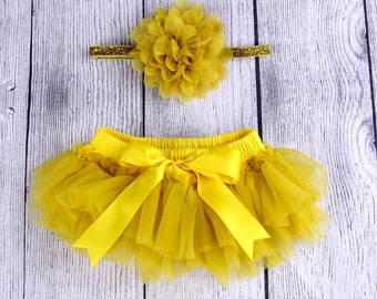 Baby Girl Tutu Bottom Bloomer- Matching Flower and Glitter Headband Set in Mustard, Yellow Gold, Newborn Photo, Infant Bloomers Diaper Cover