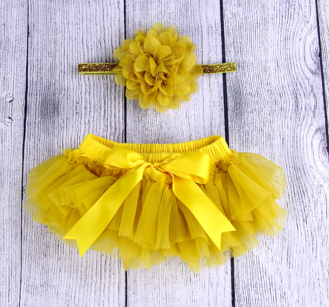 Baby Girl Tutu Bottom Bloomer- Matching Flower and Glitter Headband Set in Mustard, Yellow Gold, Newborn Photo, Infant Bloomers Diaper Cover