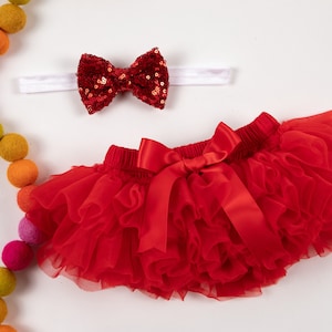 Baby Girl Ruffle Bottom Tutu Bloomer & Sequin Bow Headband Set in Red and White - Newborn Photo Set - Cake Smash - Diaper Cover - Baby Gift