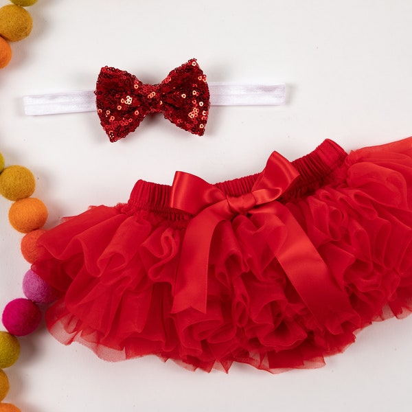 Baby Girl Ruffle Bottom Tutu Bloomer & Sequin Bow Headband Set in Red and White - Newborn Photo Set - Cake Smash - Diaper Cover - Baby Gift