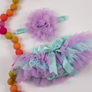 Baby Mädchen Rüschen Boden Tutu Bloomer & Stirnband Set in Mermaid Lavender Aqua Mint Ombre - Neugeborene - Cake Smash - Windel-Cover - 1