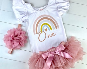 First Birthday Rainbow One flutter sleeve leotard with Tutu Bloomer - Headband Set in vintage pink - Birthday Outfit -Baby Girl