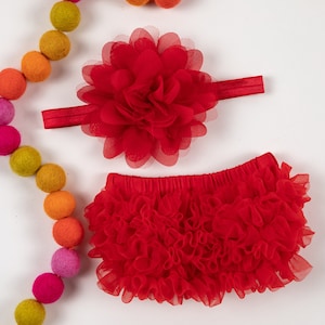 Baby Girl Ruffle Bottom Bloomer & Headband Set in Red - Newborn Photo Set - Infant Bloomers - Diaper Cover - Baby Gift - by Couture Flower