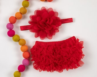 Baby Girl Ruffle Bottom Bloomer & Headband Set in Red - Newborn Photo Set - Infant Bloomers - Diaper Cover - Baby Gift - by Couture Flower