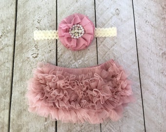 Baby Girl Ruffle Bottom Bloomer & Headband Set in Mauve - Newborn Photo Set - Infant Bloomers - Diaper Cover - Baby Gift - by Couture Flower