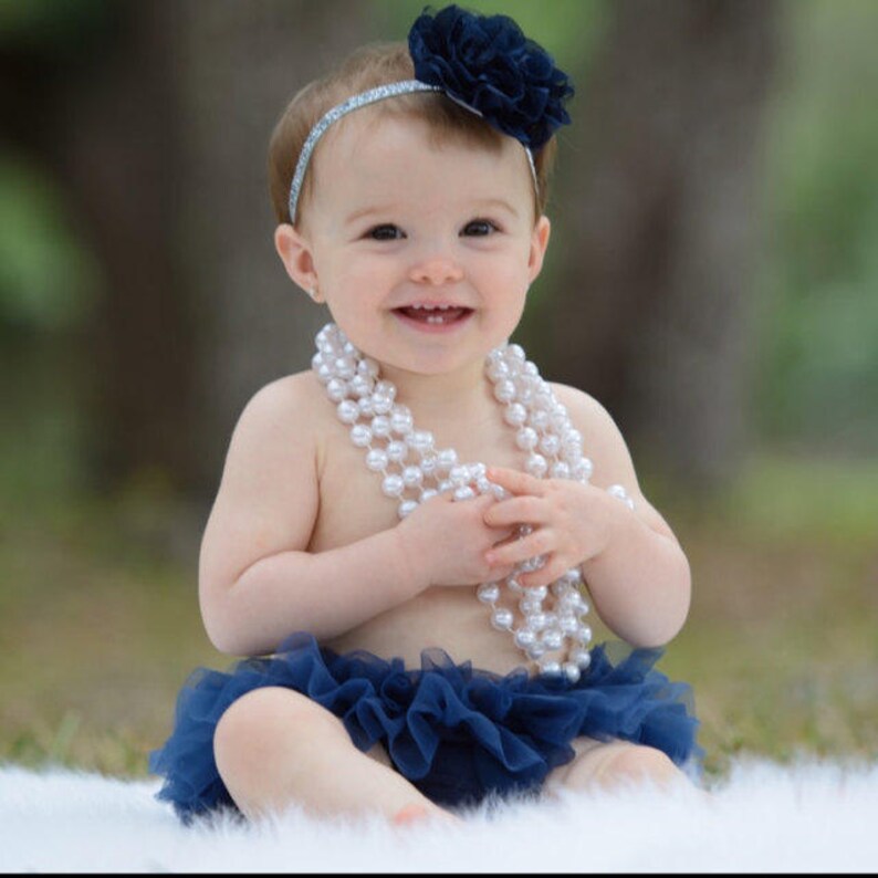 Baby Gift Cake Smash Birthday Baby Girl Ruffle Bottom Tutu Bloomer Headband Set in Navy Blue /& Silver Newborn Photo Diaper Cover