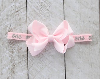 First Birthday "One" Removable Bow Headband in Light Pink and Silver - 1st Birthday - Cake Smash - Baby Girl - Birthday Gift - Pink Headband