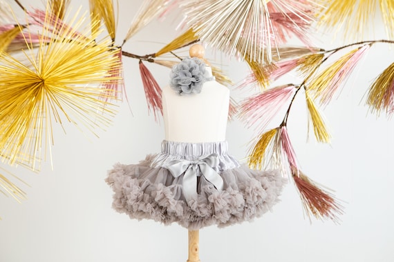 Pettiskirt With Silver Glitter & Gray Flower Headband - Gray Skirt - Flower Girl - First Birthday Outfit - Newborn Photos - baby tutu