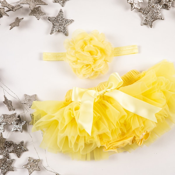 Baby Girl Ruffle Bottom Tutu Bloomer & Headband Set in Yellow - Newborn Photo Set - Cake Smash - Copertura per pannolini - Regalo per bambini - Primo compleanno